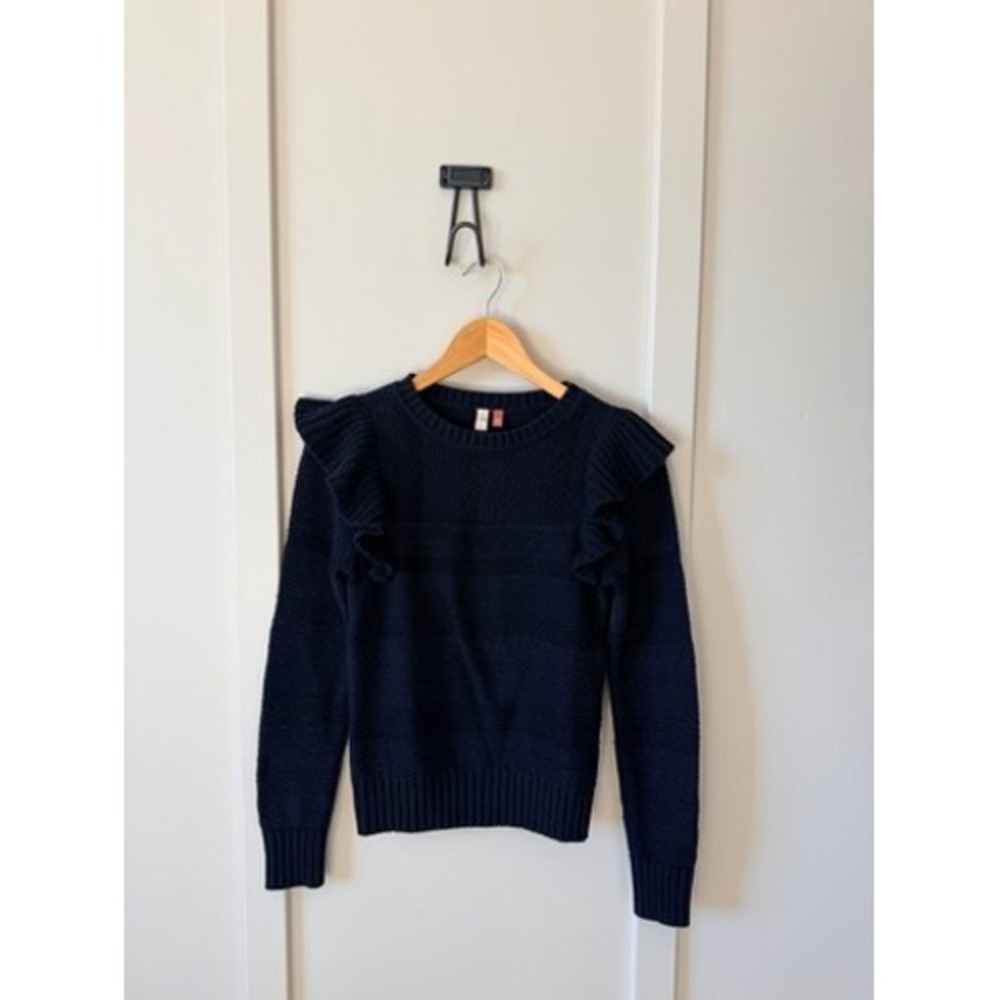 Pilcro and the Letterpress Black Blue Ruffle Shoulder Knit Sweater XXS